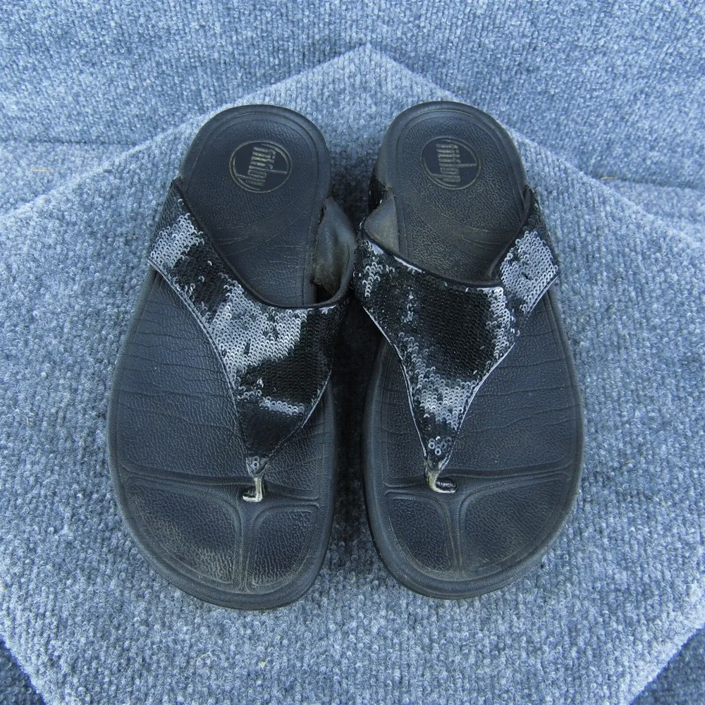 FitFlop Sequins Women Flip Flop Sandal Shoes‎ Black Synthetic Size 7 Medium
